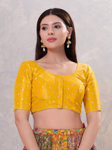 Mustard yellow silk zari front open blouse