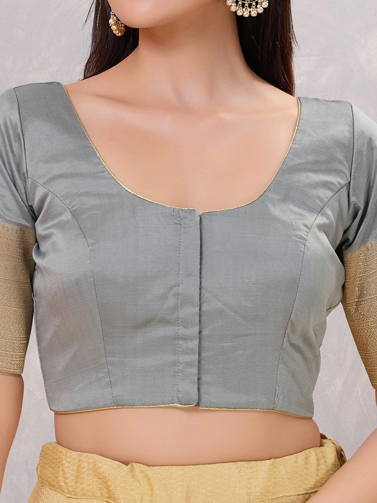 Grey silk zari work front open blouse