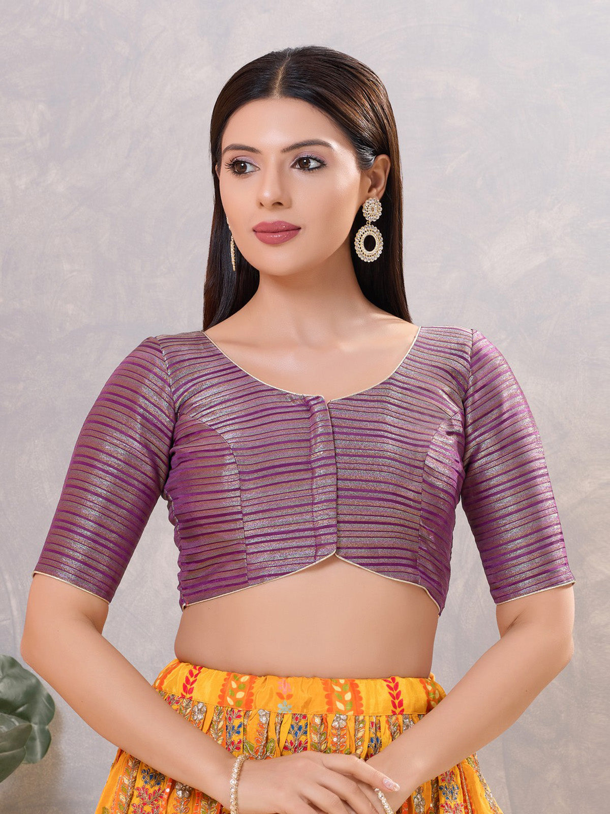 Purple zari silk front open round neck blouse