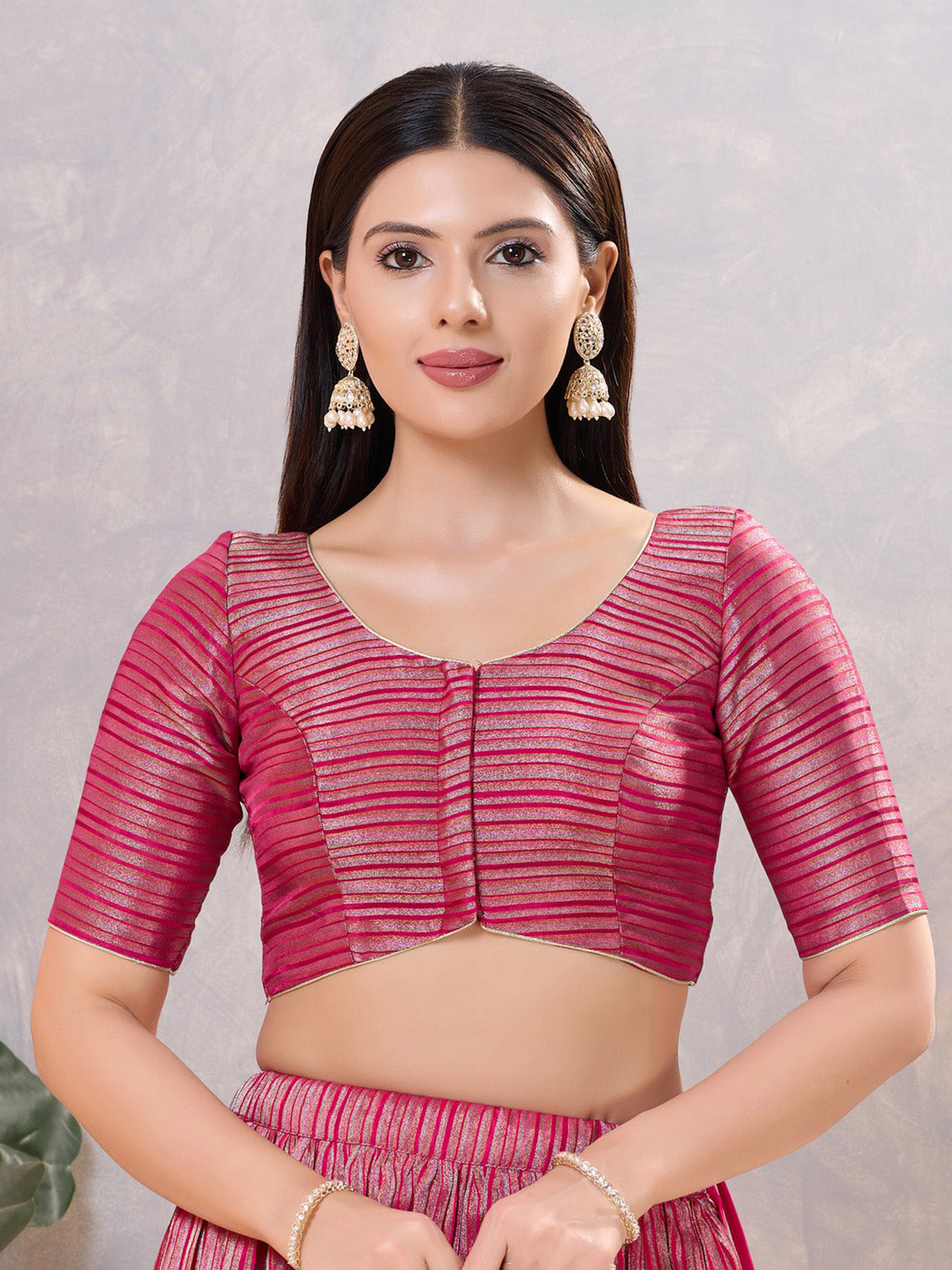 South pink zari silk round neck elbow sleeve blouse