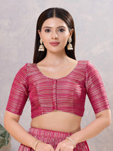 South pink zari silk round neck elbow sleeve blouse