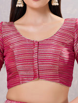 South pink zari silk round neck elbow sleeve blouse