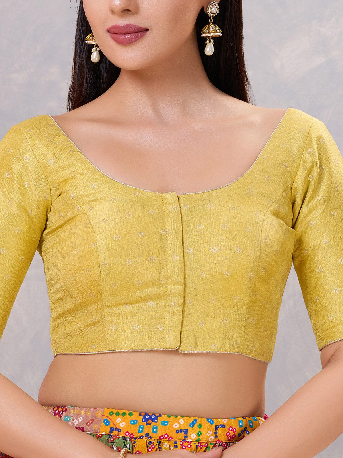 Mehendi yellow zari silk elbow sleeve blouse