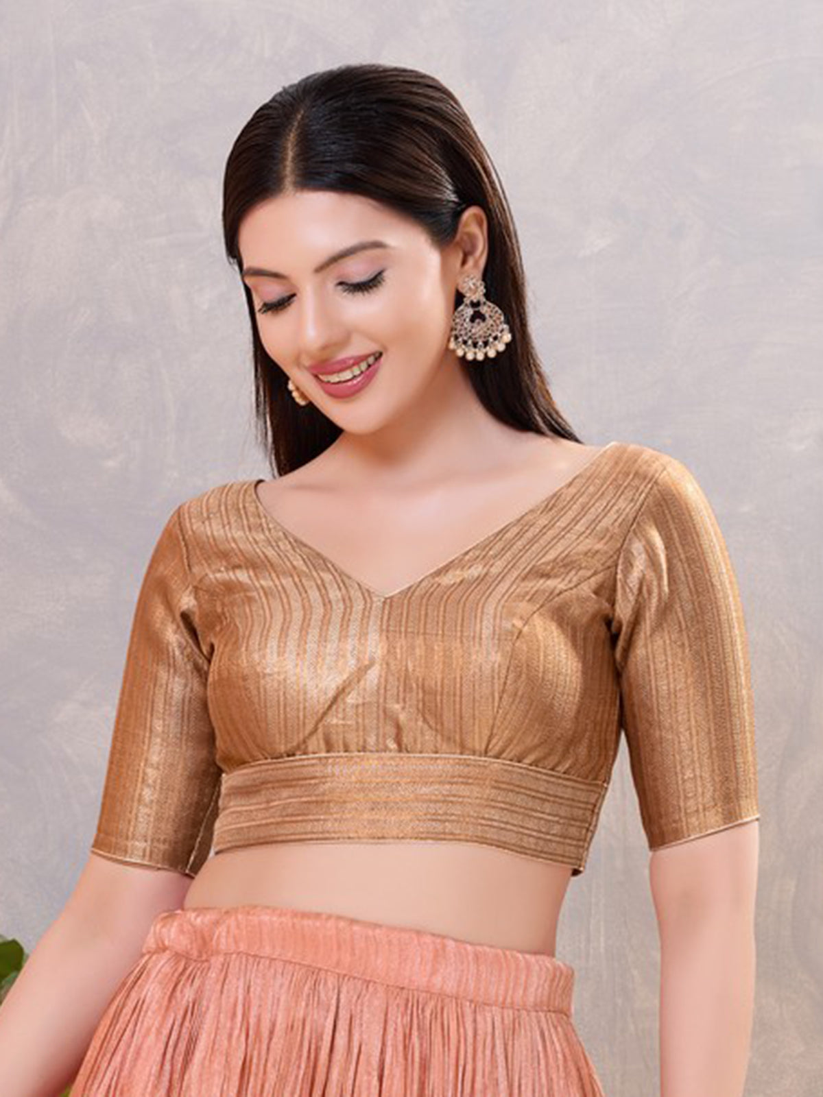 Copper gold zari jacquard V neck blouse