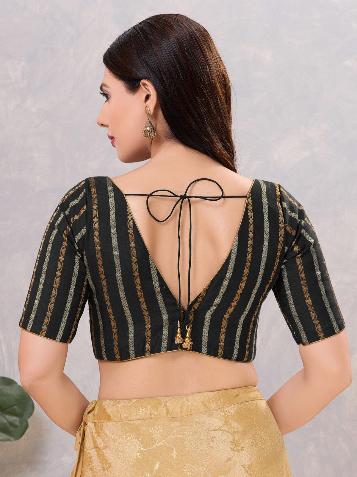 Black zari cotton blend V neck blouse