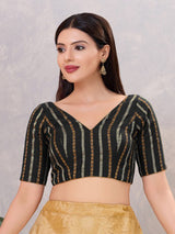 Black zari cotton blend V neck blouse