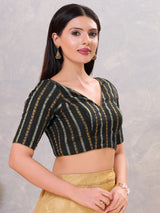 Black zari cotton blend V neck blouse