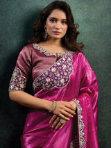 Magenta designer pearl embellished cruss satin saree