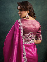 Magenta designer pearl embellished cruss satin saree