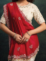 Red and white embroidered satin silk saree
