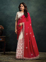 Red and white embroidered satin silk saree