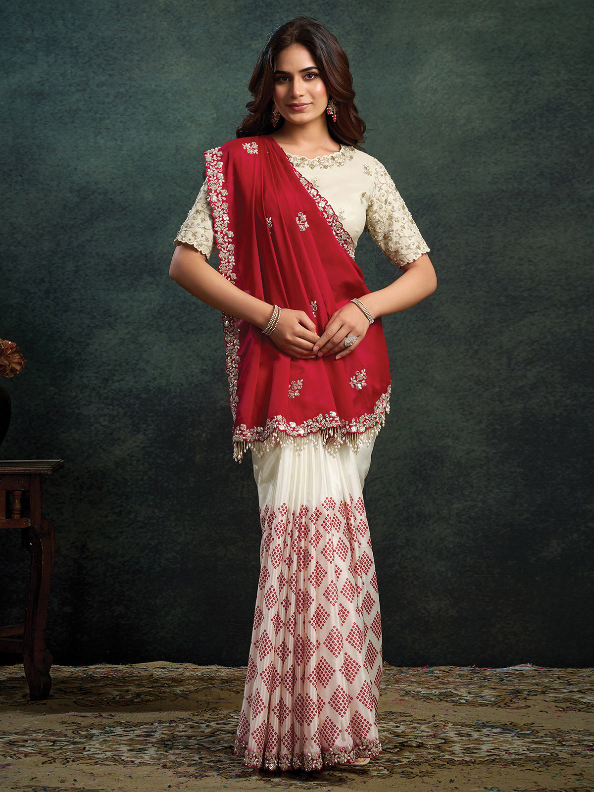 Red and white embroidered satin silk saree