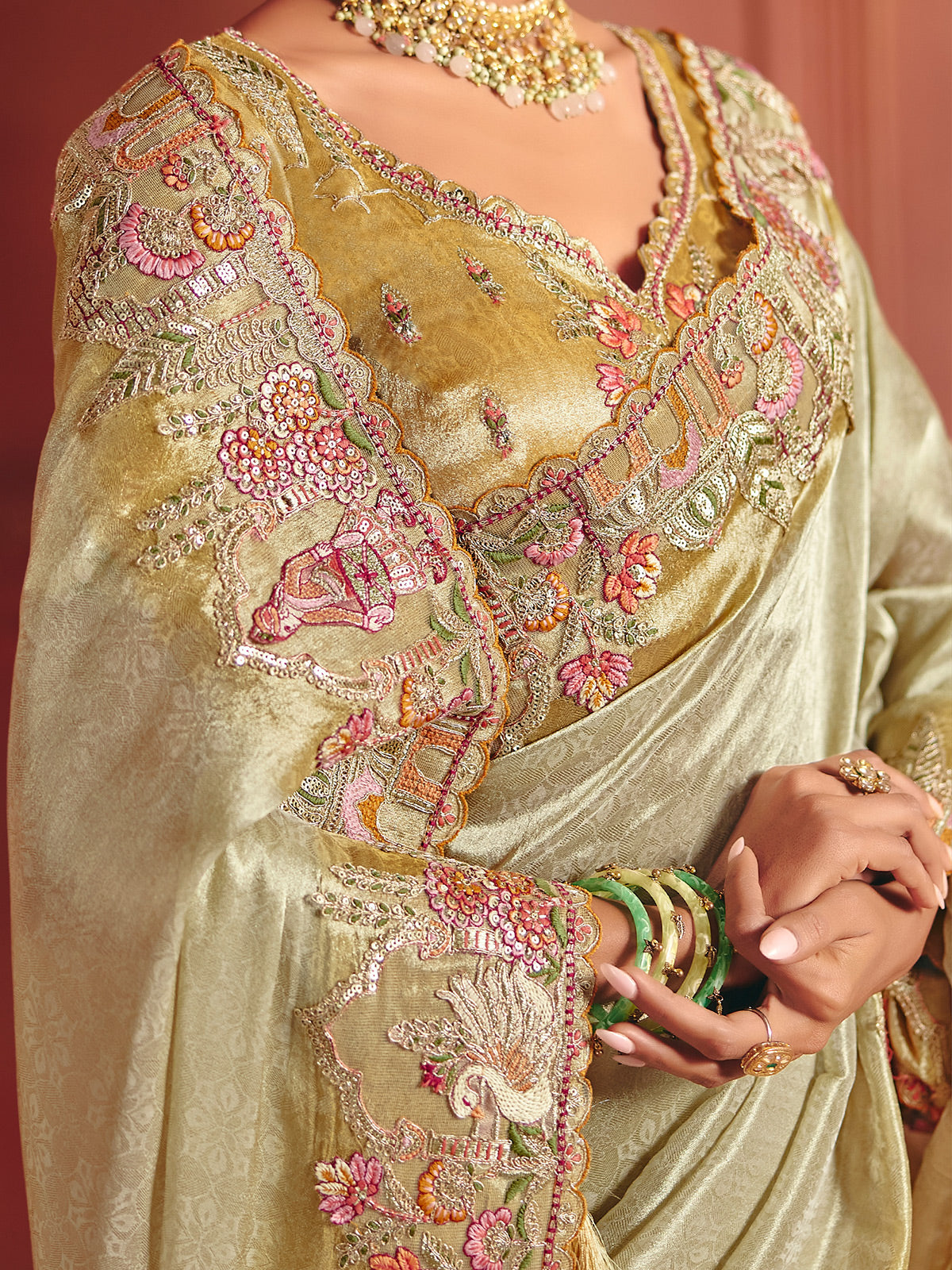 Pista green silk saree showcasing delicate ethnic luxury