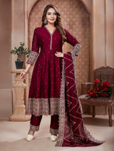 Maroon silk anarkali suit with coordinated dupatta