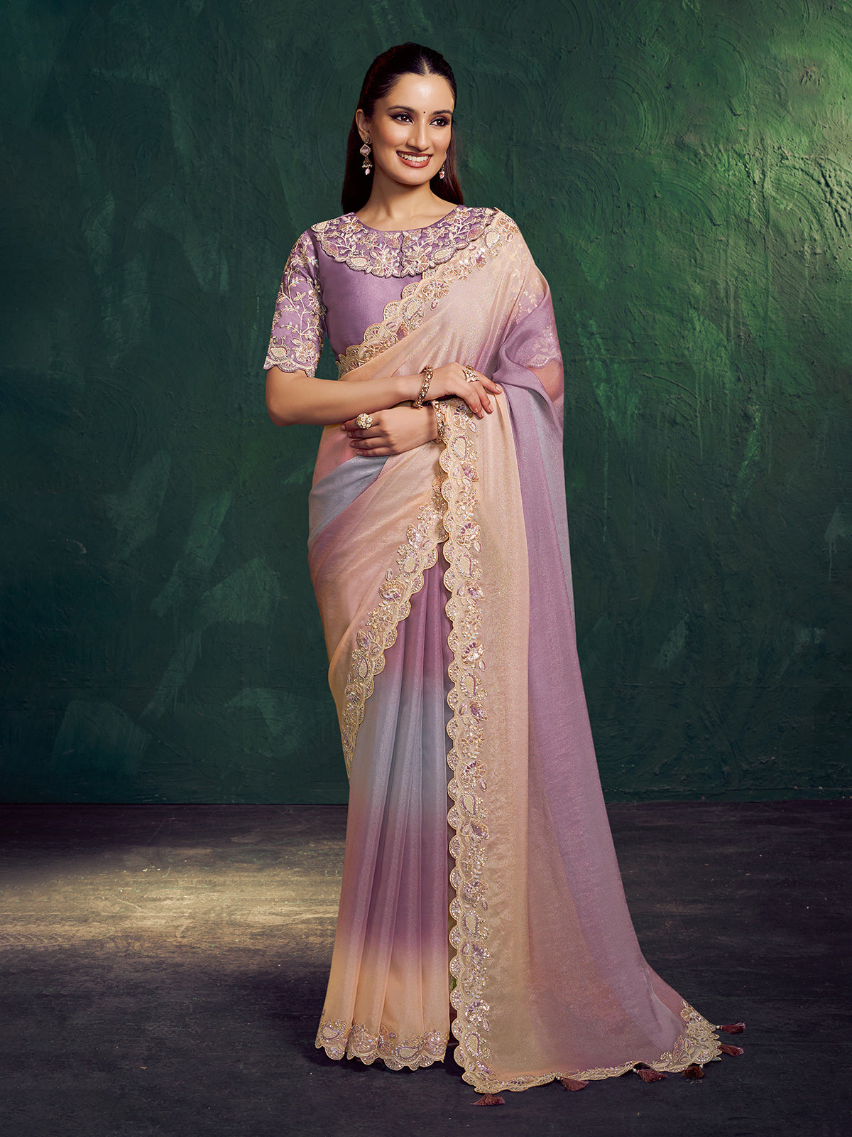 Purple shaded georgette festive saree