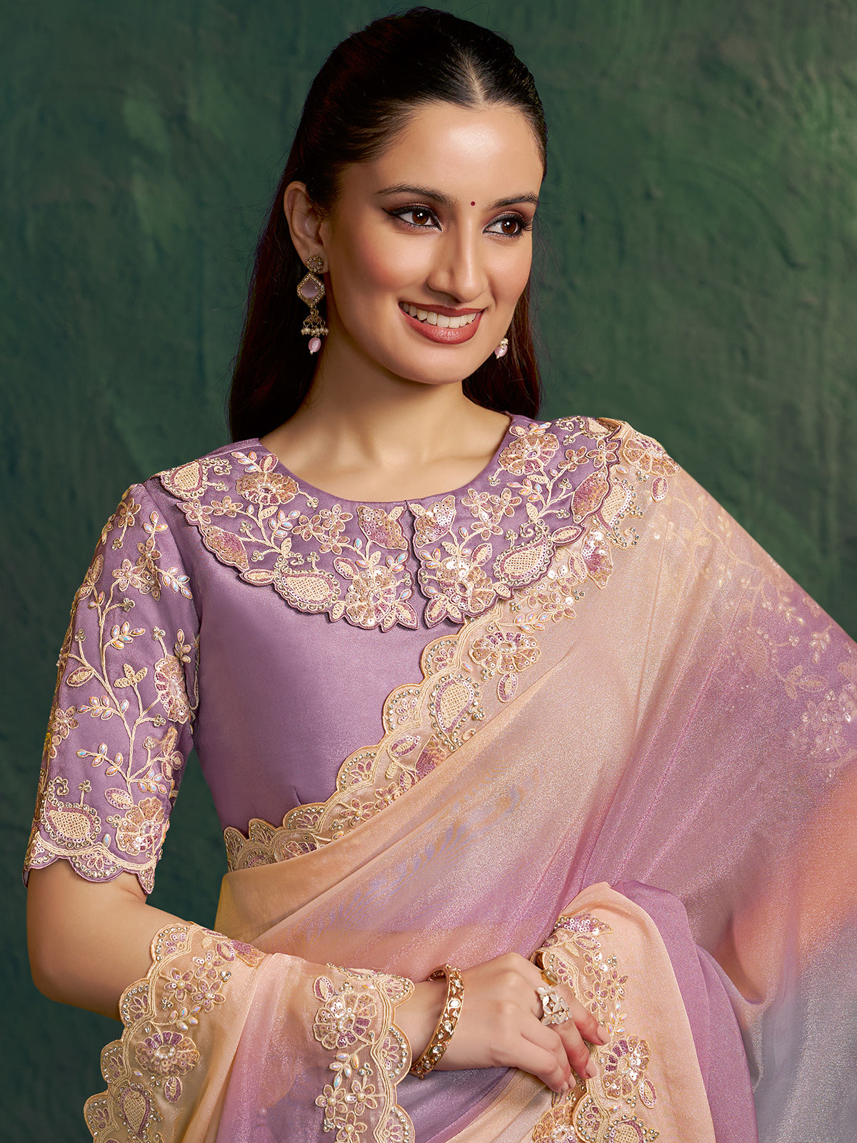 Purple shaded georgette festive saree