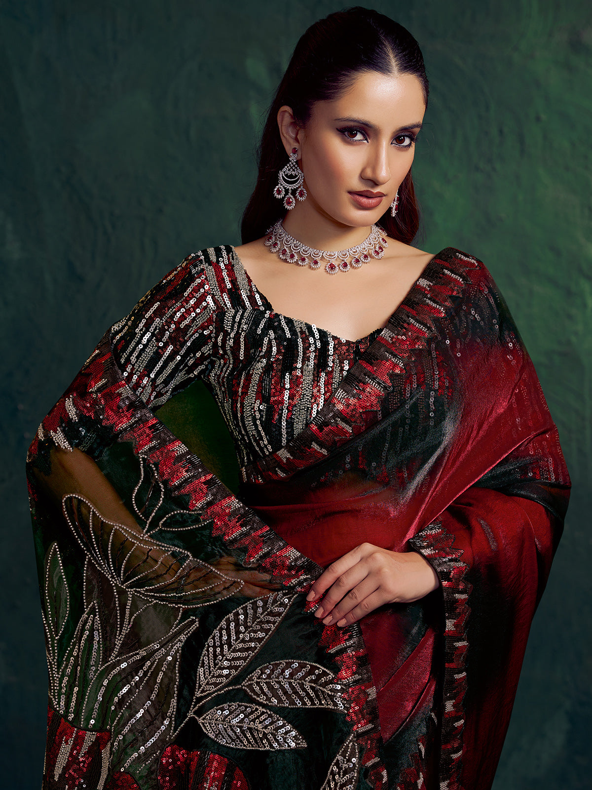 Maroon shaded satin silk party saree