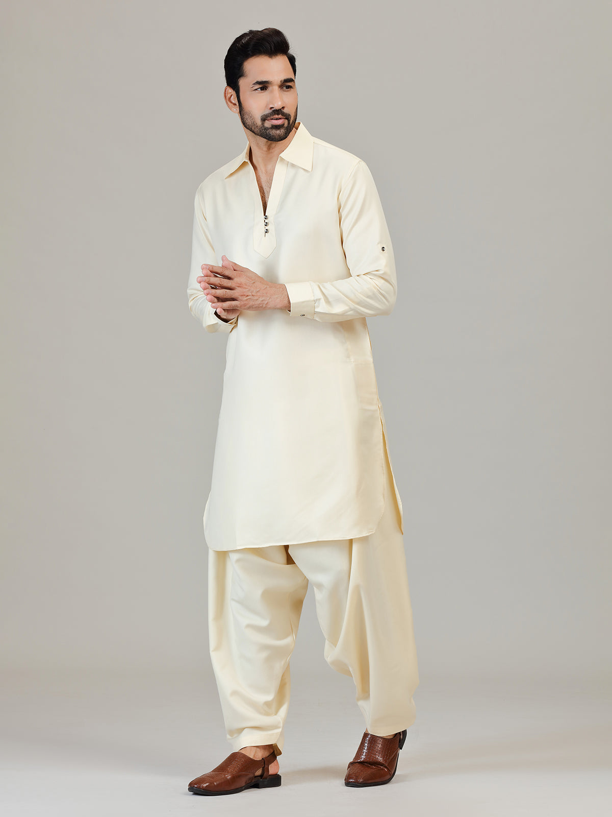 Cream festive wear cotton silk pathani kurta suit