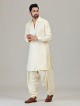 Cream festive wear cotton silk pathani kurta suit
