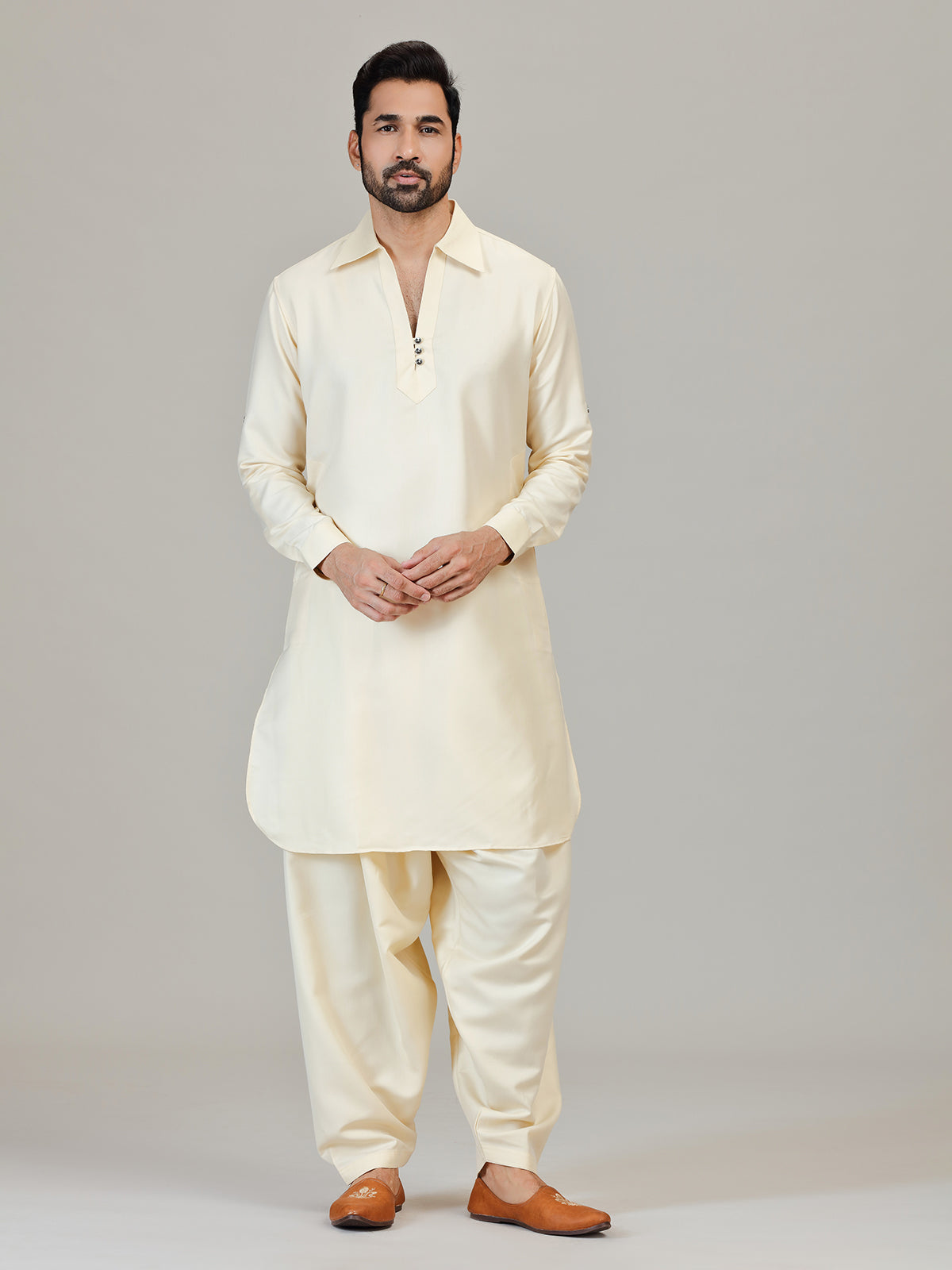 Cream festive wear cotton silk pathani kurta suit