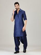 Navy plian pathani kurta suit in cotton silk