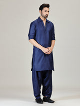 Navy plian pathani kurta suit in cotton silk