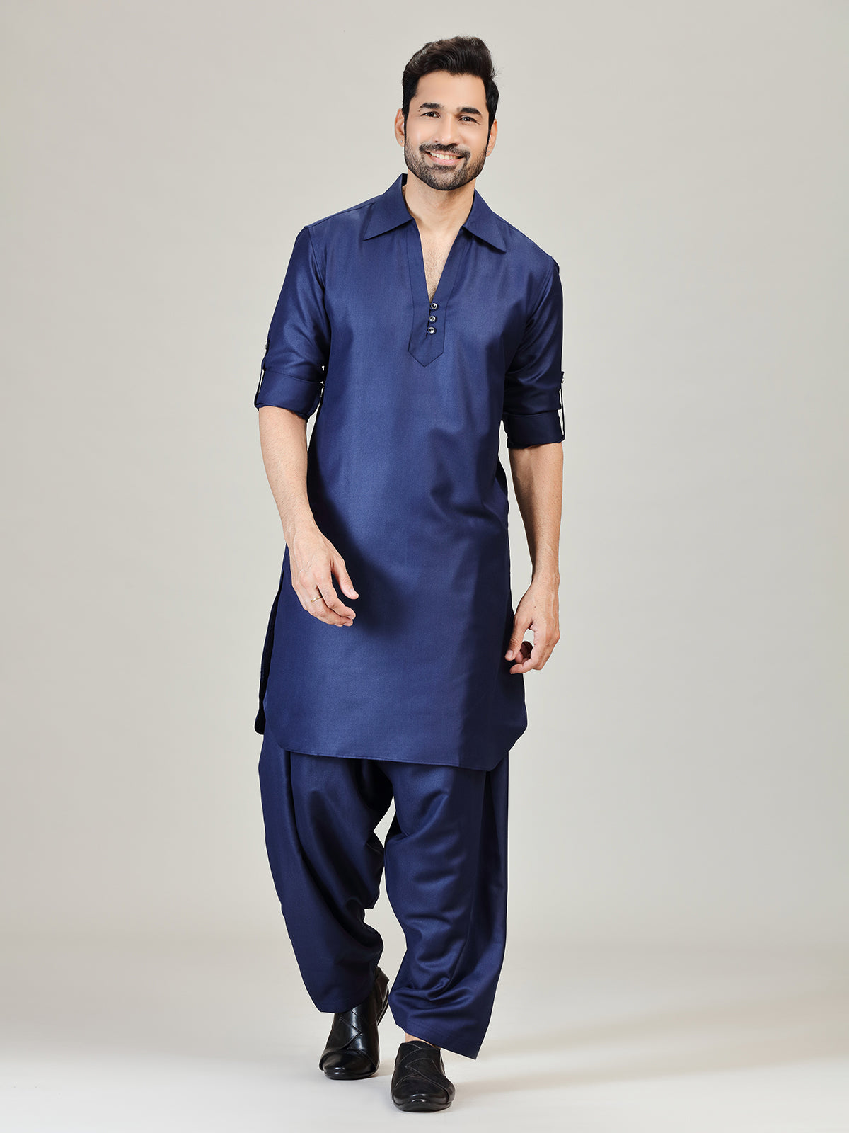 Navy plian pathani kurta suit in cotton silk