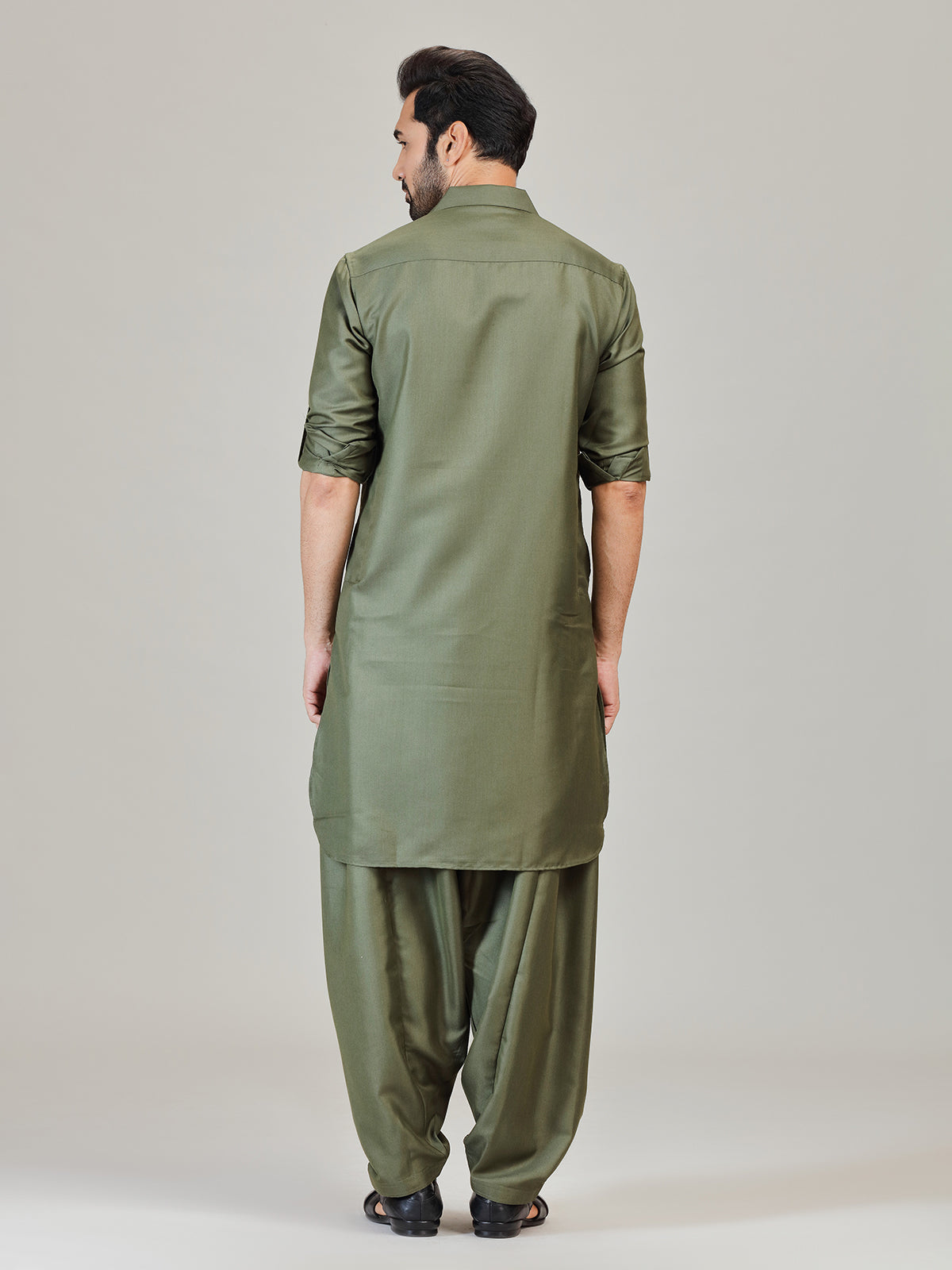 Olive green plan cotton silk pathani kurta suit