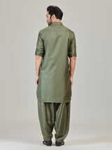 Olive green plan cotton silk pathani kurta suit