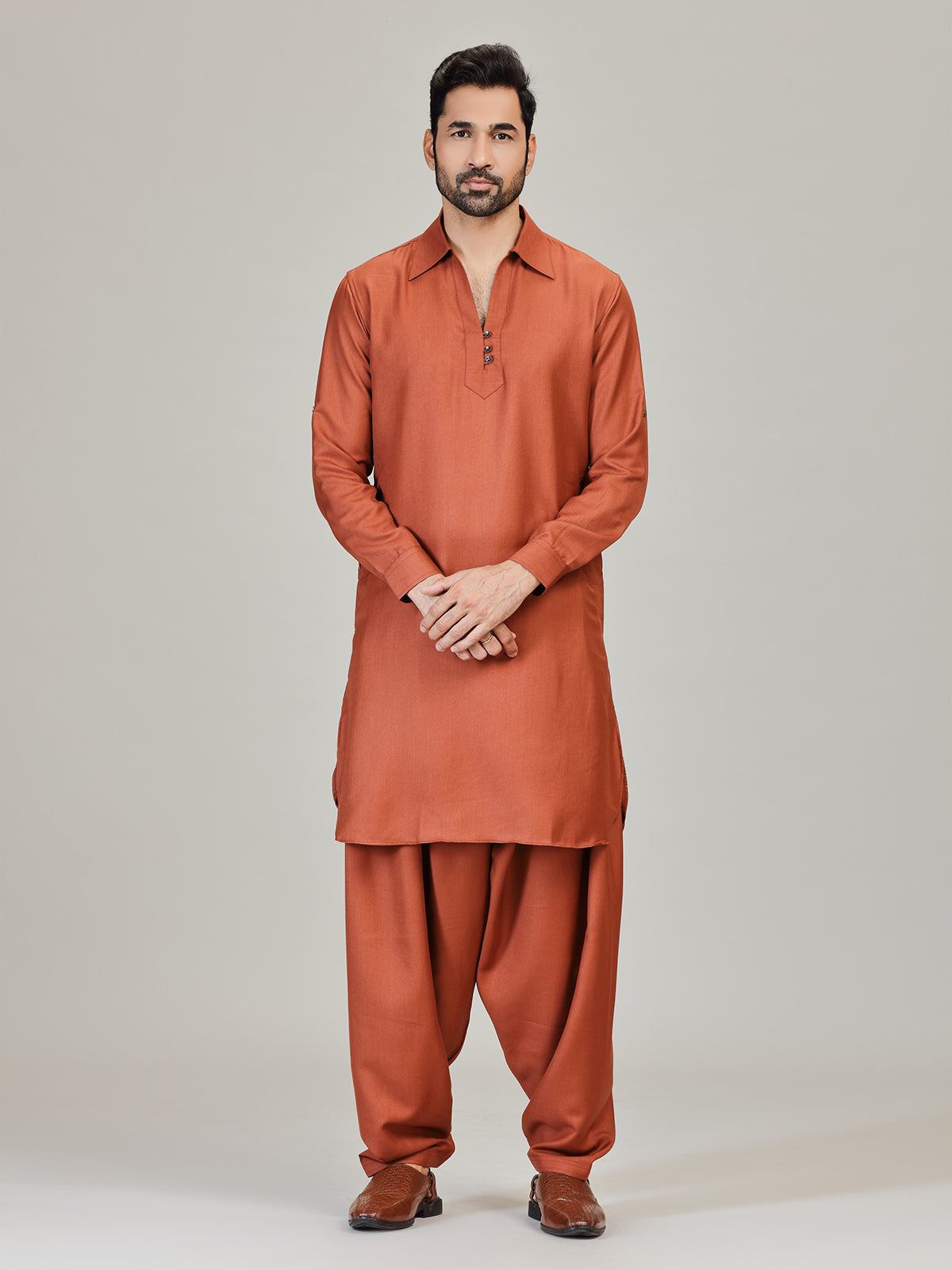 Rust orange eid special cotton silk pathani kurta suit