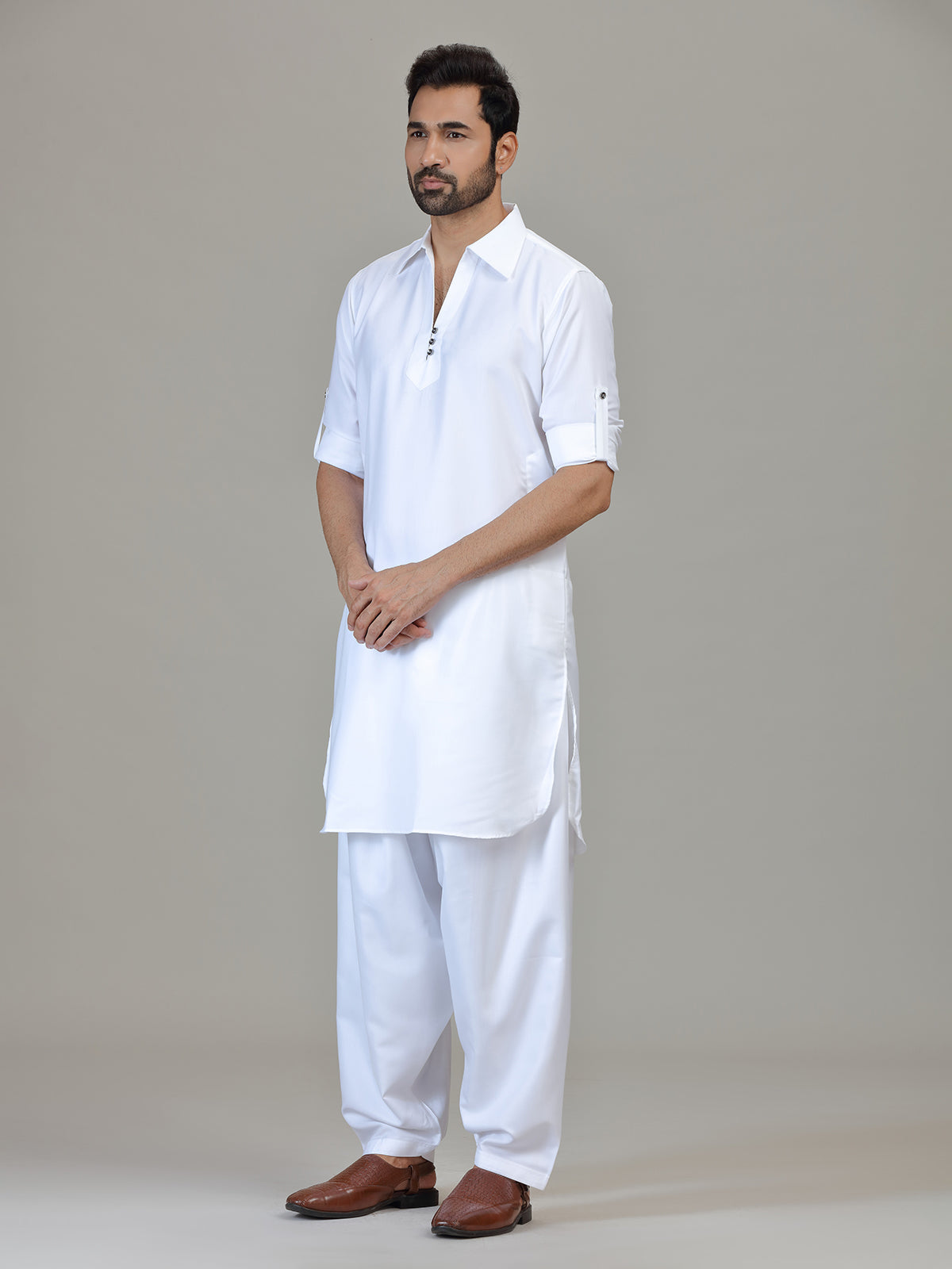 White cotton silk pathani kurta suit for festive celebration