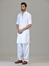 White cotton silk pathani kurta suit for festive celebration