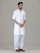 White cotton silk pathani kurta suit for festive celebration