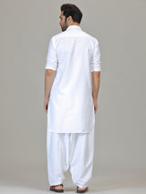 White cotton silk pathani kurta suit for festive celebration