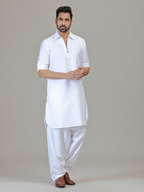 White cotton silk pathani kurta suit for festive celebration