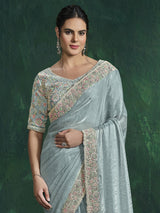 Mint blue shimmer satin silk saree