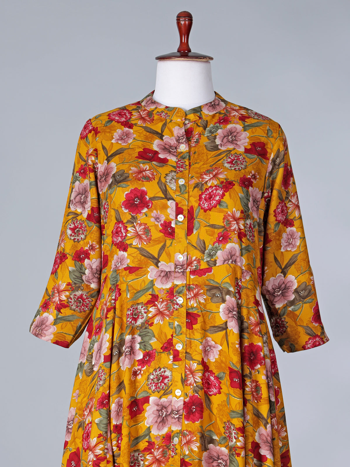 Mustard yellow floral printed cotton silk kurti