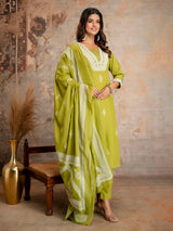 Light green cotton silk kurti set with printed dupatta