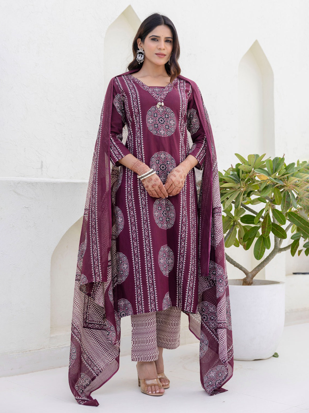Light wine printed straight cut cotton kurti set