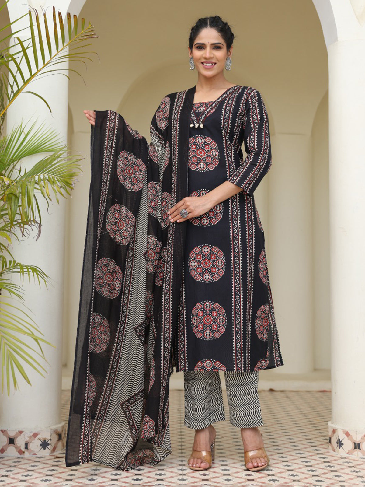 Black straight cut cotton printed kurti set