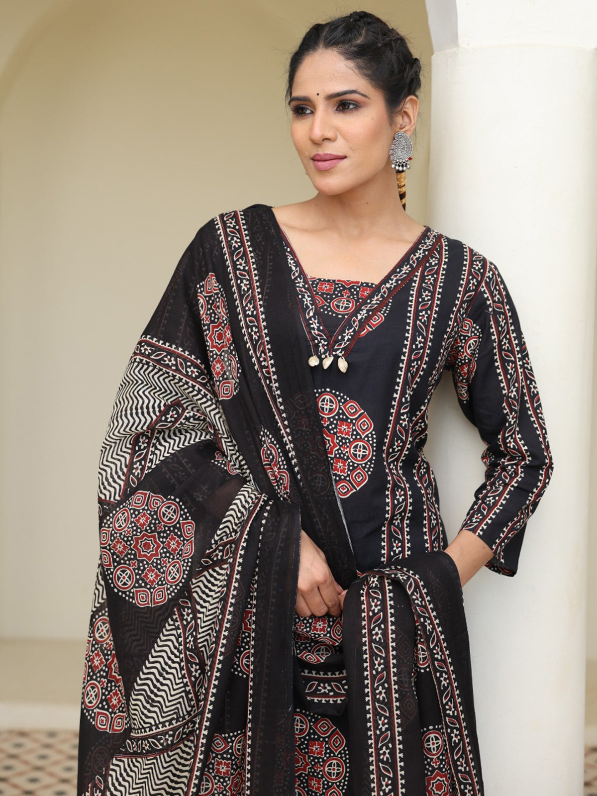 Black straight cut cotton printed kurti set