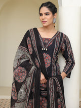 Black straight cut cotton printed kurti set