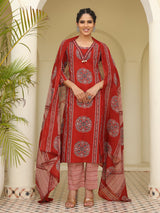 Maroon cotton printed kurti set in straight cut