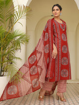 Maroon cotton printed kurti set in straight cut