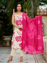 Pink and off white floral straight kurti set