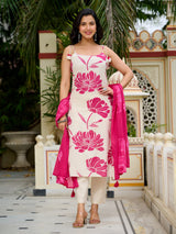 Pink and off white floral straight kurti set