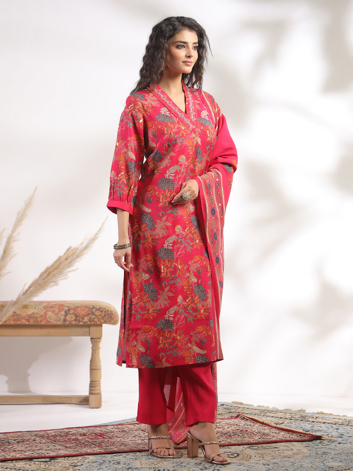 Redish pink cotton silk printed festival wear kurti set