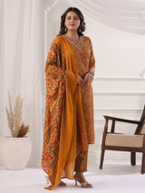 Mustard yellow cotton printed kurti set with V neckline