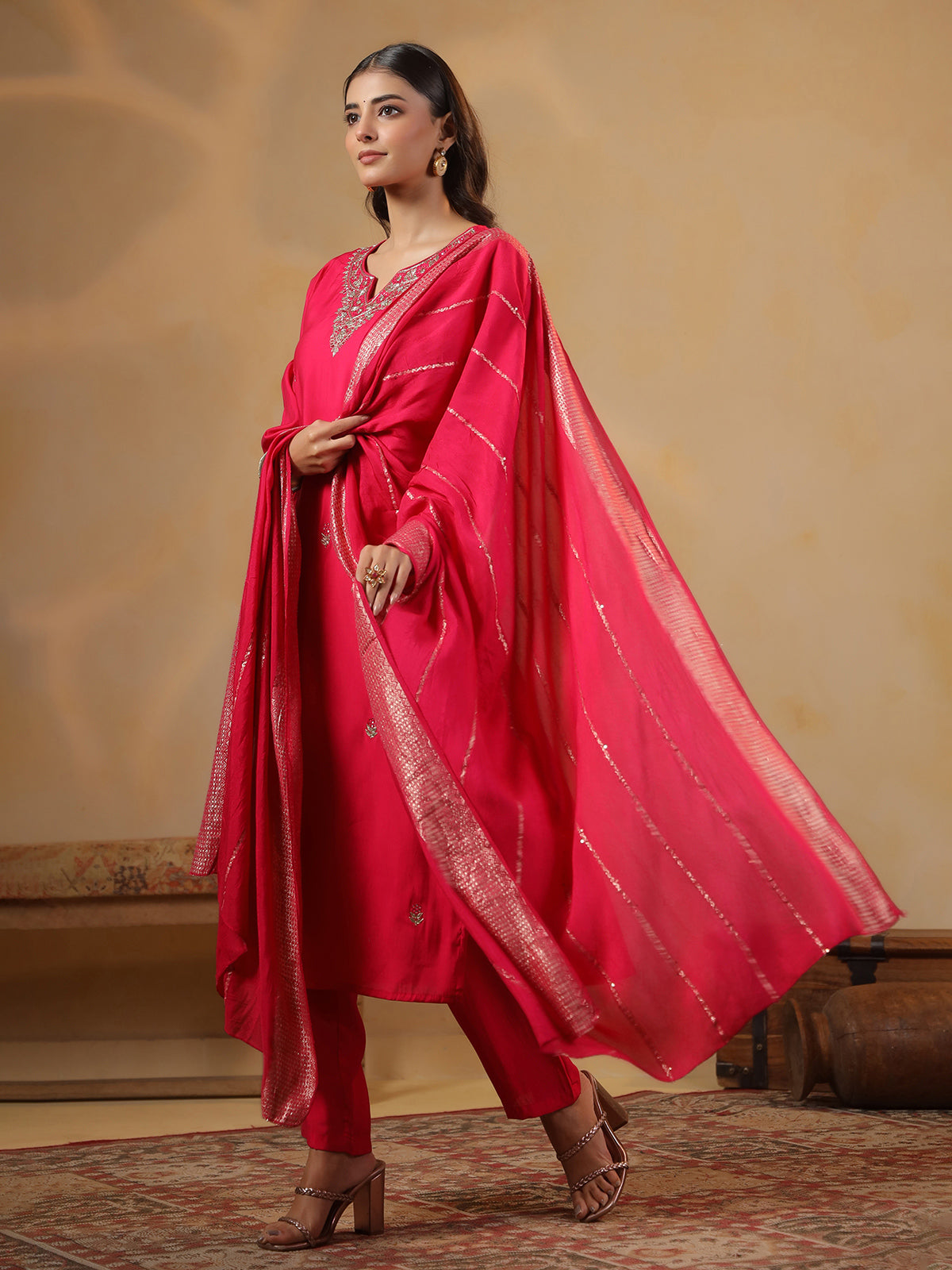 Rani pink cotton silk kurti set for festival wear