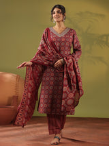 Maroon cotton printed kurti set with V neckline